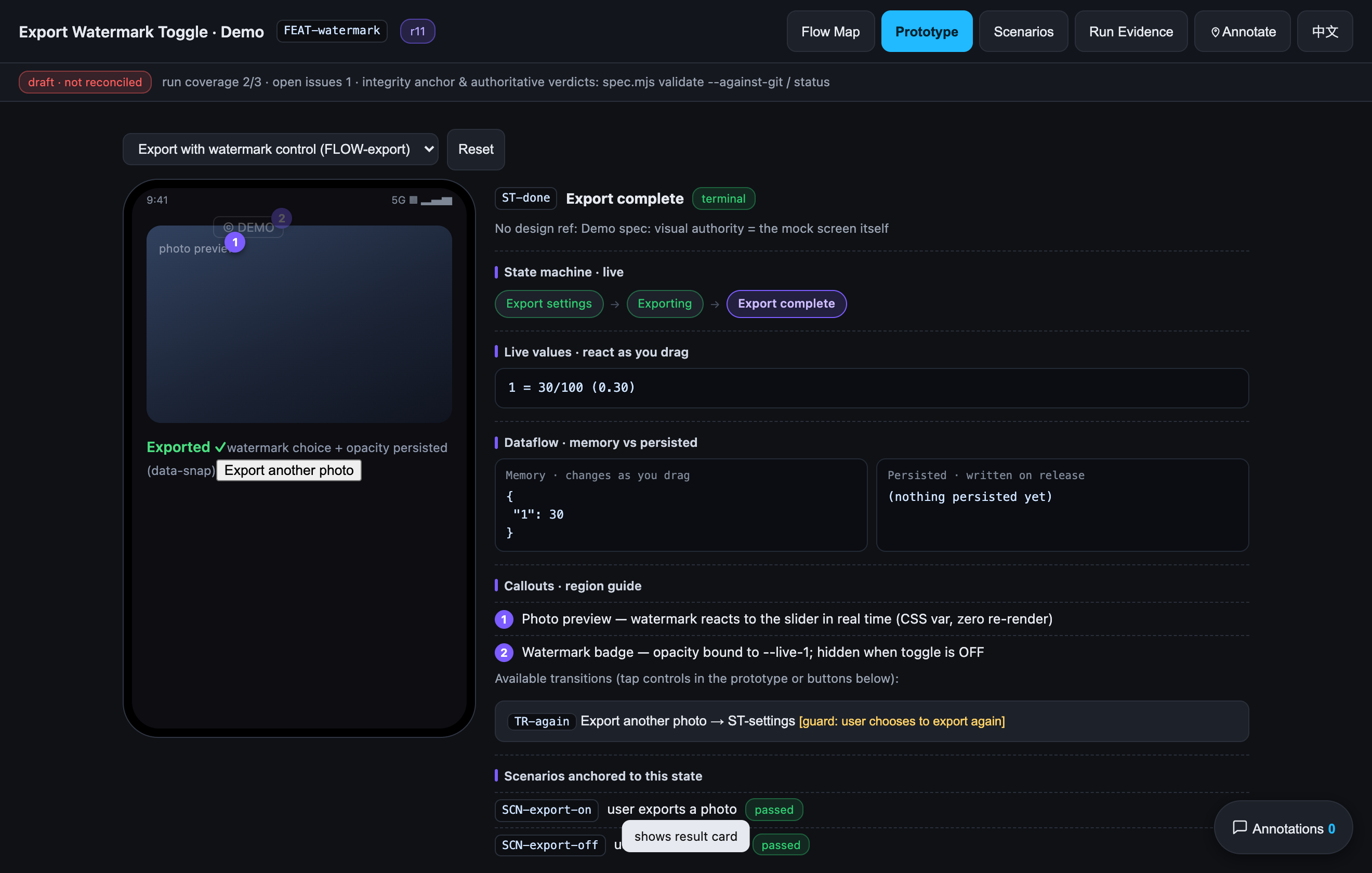 Prototype after the export finished: result card shown, event log capturing the slider drags, tap on Export, auto transition, and snapshot persistence