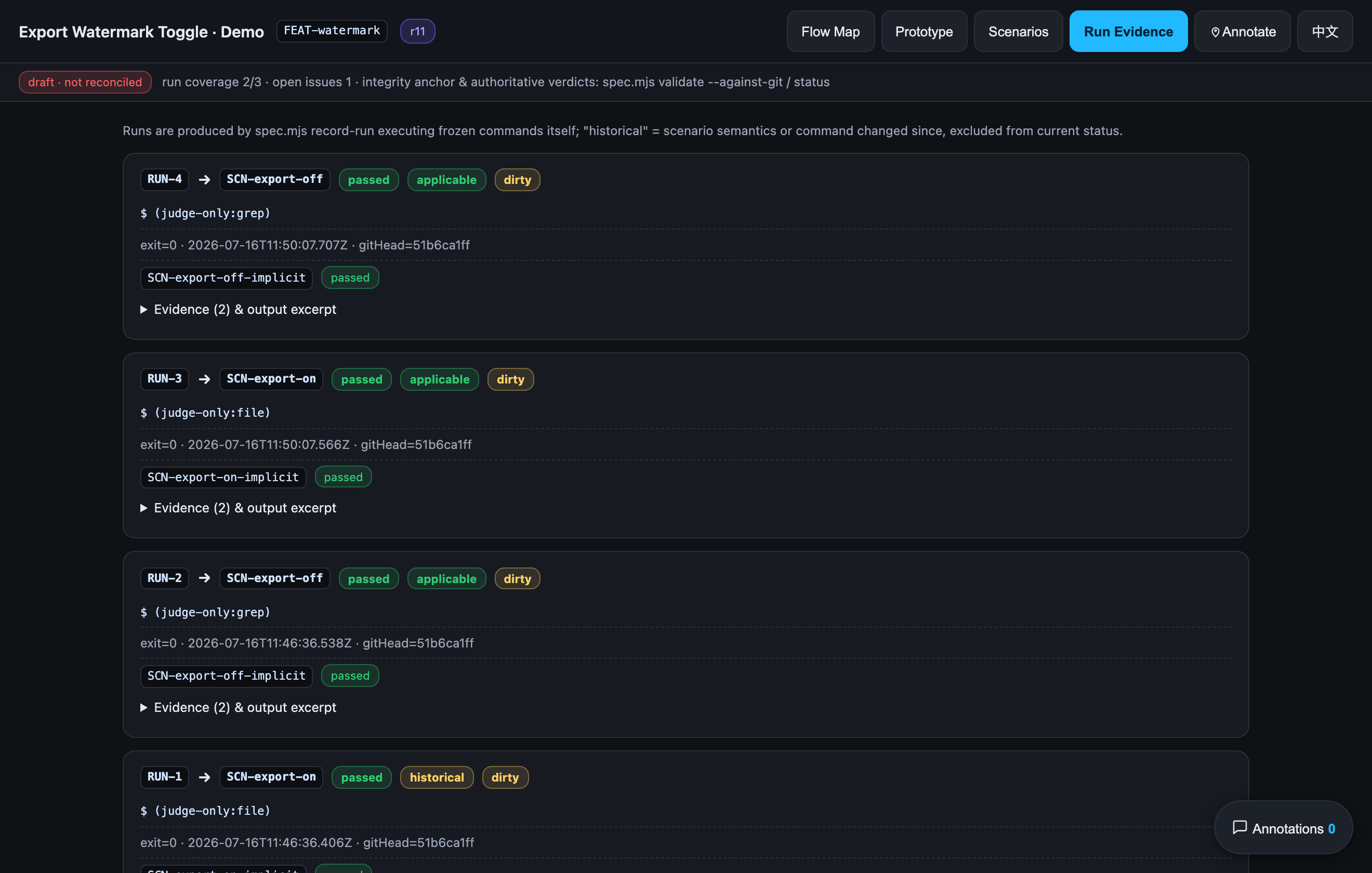 Run evidence view: four runs with passed status, applicable and historical badges, dirty markers, judge-only commands and evidence counts
